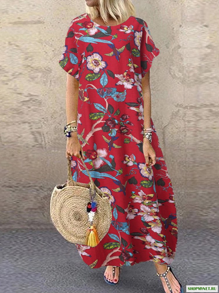 Женщины с коротким рукавом круглые Шея Loose Baggy Maxi Платье